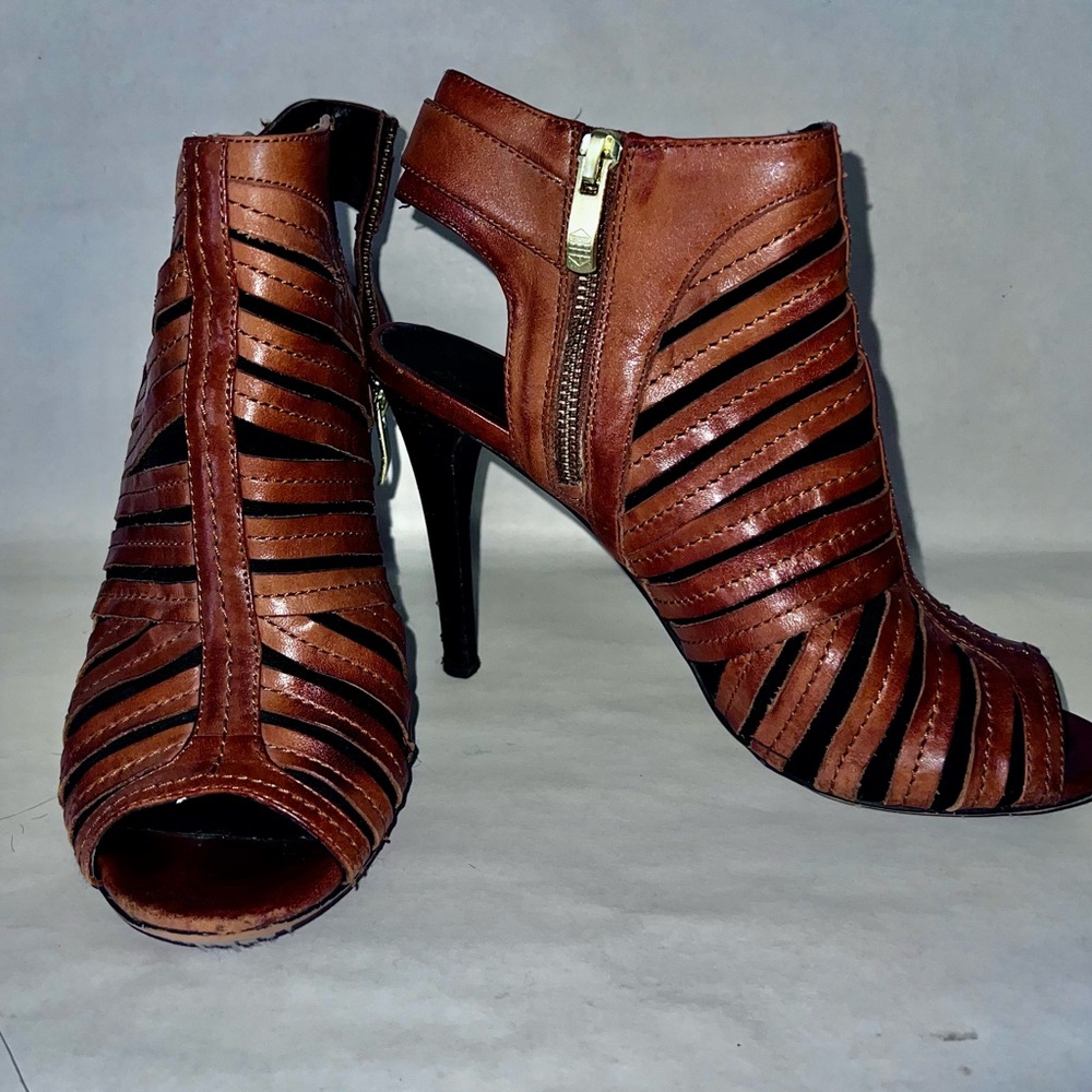 Vince Camuto 4.5” heel. Zipper and mesh detail open-toe shoe